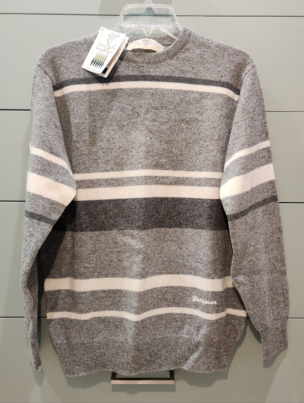 Braemar Men’s 100% Newlambs Wool Grey Stripe Crewneck Sweater